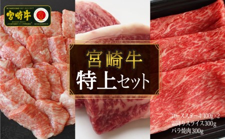 [宮崎牛]特上セット ロース ステーキ 100g×2 & 霜降り スライス 300g & 牛バラ焼肉 300g 計800g [SHINGAKI 宮崎県 美郷町 31ag0066] 牛肉 焼肉 鉄板焼き 黒毛 和牛 国産 宮崎 A4 A5等級 牛 宮崎県産 冷凍 送料無料 ブランド 肉 霜降り BBQ バーベキュー キャンプ