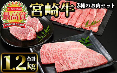 宮崎牛 3種のお肉セット(合計1.2kg・ヒレ、ロース、肩ローススライス)[MI014][(株)ミヤチク宮崎加工センター]