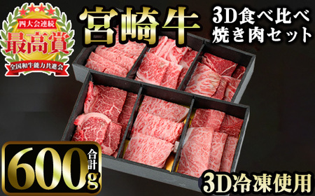 宮崎牛 3D冷凍 食べ比べ 焼肉(合計600g・各100g×6)[MI015][(株)ミヤチク宮崎加工センター]