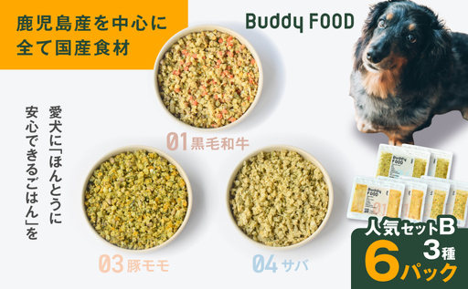 Buddy FOOD 人気セットB 3種6パック（黒毛和牛、豚モモ、サバ） K390-001_12 国産 魚 牛肉 豚肉 ペットフード