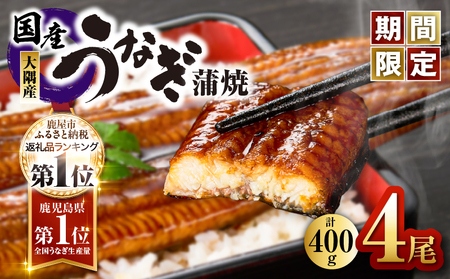 【期間限定】 鹿児島県 大隅産 うなぎ 蒲焼 4尾（400g） KN007-023 国産 本格 鰻 ウナギ 冷凍 惣菜 総菜 湯煎 レンジ 解凍 簡単調理 鰻丼 鰻重 ひつまぶし 魚 土用の丑 小分け 真空 大隅地区養まん漁業協同組合 ふるさと納税 鹿児島 鹿屋市 おすすめ ランキング プレゼント ギフト