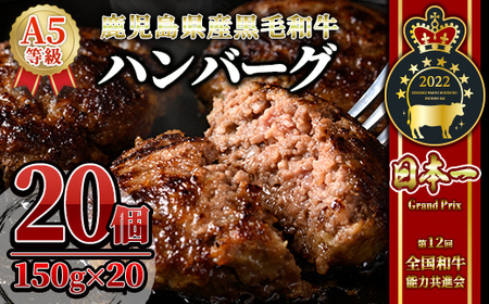 鹿児島県産『鹿児島黒牛』A5ランク　極めたハンバーグ20個【うしの中山】 1196