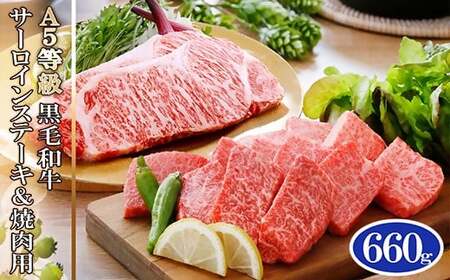 A5等級黒毛和牛サーロインステーキ2枚&焼肉用(計660g) C0-16_ 牛肉 ステーキ サーロイン 焼肉 黒毛和牛 和牛 国産 産地直送 ギフト 贈答 A5 鹿児島県 枕崎 セット 食べ比べ グルメ _[配送不可地域:離島]