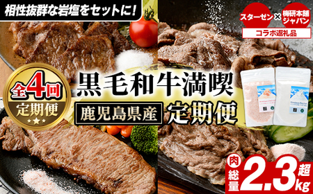 [定期便・全4回(4月・7月・10月・12月)]岩塩付き!鹿児島県産 黒毛和牛満喫定期便 (総量2.3kg超) 国産 牛肉 モモ スライス サーロイン ステーキ 切り落とし ロース 焼肉 焼肉セット コラボ ピンク 岩塩 [スターゼン×梅研本舗ジャパン]akn501-05