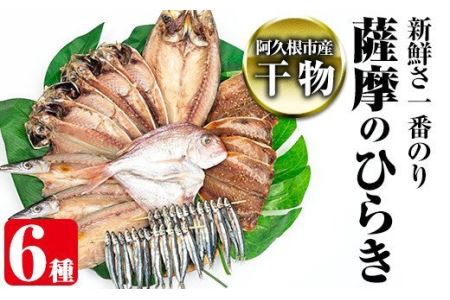 鹿児島県阿久根市産干物！新鮮さ一番のり薩摩のひらきセット(6種) 国産 九州産 魚介類 ひもの 乾物 アジ 鯵 タイ 鯛 サバ 鯖 きびなご かます 味付 おかず お弁当 詰合せ 詰め合わせ【川本商店】a-14-26