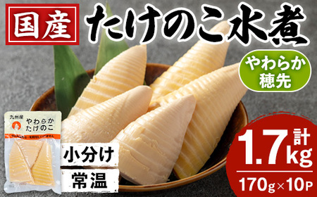 i1056 国産たけのこ水煮 穂先のみ (計1.7kg・170g×10P) 小分け 国産 九州産 たけのこ 筍 タケノコ  水煮 常温保存 常温 料理 煮物 炊き込みご飯 おでん 料理 お手軽 【旬彩館】