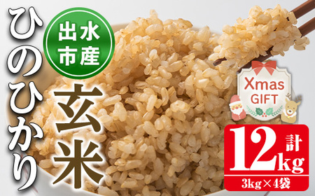 i503-Xm [クリスマスギフト]鹿児島県出水市産ひのひかり玄米[3kg×4袋・計12kg] 米 玄米 お米 12kg 国産 ひのひかり おにぎり ごはん 自家脱穀 お米マイスター 厳選 ギフト プレゼント 贈答 クリスマス [田上商店]