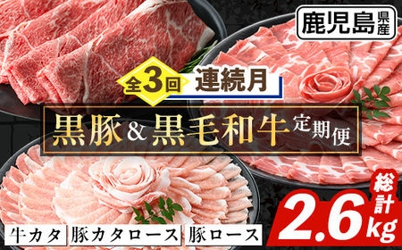 i1334-A [定期便・計3回(連続月)] 鹿児島県産 黒豚 黒毛和牛 定期便 (総計2.6kg) 国産 鹿児島県産 牛肉 豚肉 牛 豚 カタ ウデ スライス ロース 肩ロース 赤身 しゃぶしゃぶ 薄切り 小分け お肉 肉 3回 バラエティ 冷凍配送 連続 月 [スターゼン]