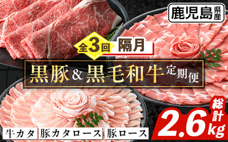 i1334-B [定期便・計3回(隔月)] 鹿児島県産 黒豚 黒毛和牛 定期便 (総計2.6kg) 国産 鹿児島県産 牛肉 豚肉 牛 豚 カタ ウデ スライス ロース 肩ロース 赤身 しゃぶしゃぶ 薄切り 小分け お肉 肉 3回 バラエティ 冷凍配送 隔月 [スターゼン]
