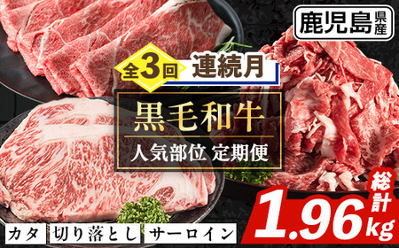 i1335-A [定期便・計3回(連続月)] 鹿児島県産 黒毛和牛人気部位 定期便 (総計1.96kg) 国産 鹿児島県産 牛肉 黒毛和牛 カタ ウデ スライス サーロイン ステーキ 切り落し 赤身 焼肉 お肉 肉 個包装 小分け 3回 バラエティ 冷凍配送 連続 月 [スターゼン]