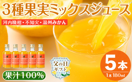 i990-C-f [父の日ギフト]3種果実ミックスジュース(180ml×5本) 飲料 ジュース みかん 蜜柑 果汁 100% 河内晩柑 不知火 温州みかん 無着色 無香料 ストレートジュース 安心安全 父の日 プレゼント ギフト 贈答 [江崎果樹園]
