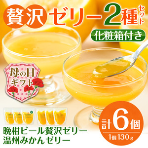 i982-A-m [母の日ギフト]温州みかんゼリー・晩柑ピール 贅沢ゼリー 2種セット(計6個) みかん ミカン 蜜柑 温州みかん 果汁 100% 河内晩柑 ピール入り 無着色 無香料 安心安全 母の日 プレゼント ギフト 贈答 [江崎果樹園]