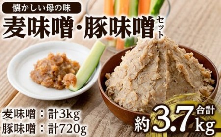 i345 鹿児島県出水市産の大川内麦味噌(1kg×3袋・計3kg)と豚味噌(180g×4個・計720g)のセット!地域のお母さんたちが丁寧に作り上げた地元で愛される田舎味噌!豚味噌は野菜スティックやおつまみ、ご飯のお供に! 味噌 みそ 味噌汁 田舎味噌 豚味噌 国産 麦みそ 野菜スティック おつまみ ご飯のお供 [大川内地区コミュニティ協議会]