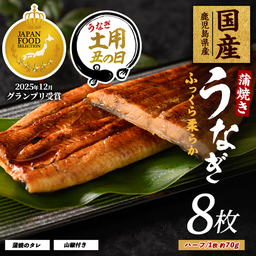 【丑の日に合わせてお届け！】【鹿児島県産】うなぎ蒲焼じっくり焼きハーフカット約70g×8枚 化粧箱入り(大新/IB021-007u) うなぎ