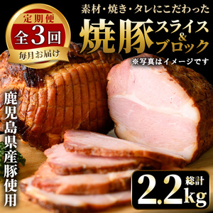 No.1206 [定期便・全3回]鹿児島県産焼豚!(総計2.2kg・100g×6P/300g×2P/500g×2)タレ付き! 焼豚 定期便 お中元 お歳暮 ギフト 贈答 詰め合わせ 豚肉 タレ 国産 頒布会 [薩摩ファームブロスト]