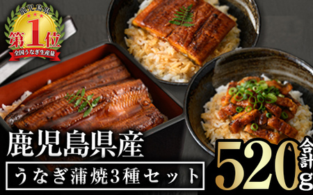 鹿児島県産うなぎ蒲焼3種セット(合計520g・ 長焼き約160g×2尾・カット約50g×2枚・きざみ約50g×2袋) タレ・山椒付き 鰻 ウナギ 国産[西日本養鰻]A508-v01