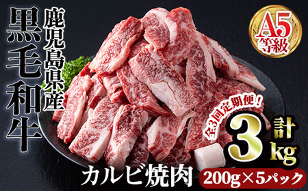 [定期便・全3回]A5等級鹿児島県産黒毛和牛カルビ焼肉(計3kg・200g×5パック×3回) カルビ 焼肉 黒毛和牛[カミチク]T23-v01