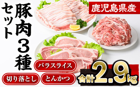 鹿児島県産豚肉3種(切り落とし・バラスライス・とんかつ)セット(合計2.9kg) 豚肉 切り落とし スライス[株式会社羽根]