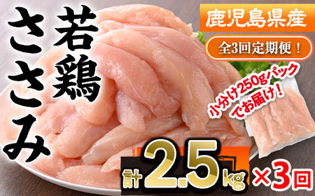 [定期便・全3回]鹿児島県産若鶏ささみ(計2.5kg×3回) 若鶏 ささみ 冷凍[株式会社羽根]T50