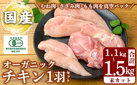 国産!オーガニックチキン1羽セット 未カット (計1.1kg〜1.5kg)[お多福たまご]霧島市 国産 鶏肉 鳥 もも モモ 胸肉 むね ムネ ささみ ササミ オーガニック 有機JAS認定 抗生物質不使用 ワクチン不使用 ワクチンフリー 無投薬飼育 冷凍 小分け