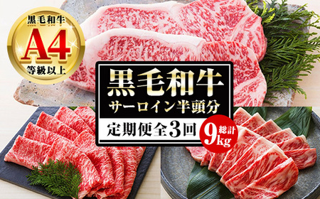 [3か月定期便]カットを選べる!鹿児島県産 黒毛和牛 サーロイン 半頭分 9kg(3kg×3回) A4等級以上 !ステーキ カット スライス 焼肉 から選べます! 冷凍 国産 鹿児島県産 黒毛和牛すき焼き しゃぶしゃぶ 焼肉 半頭分 定期便[G-003H]