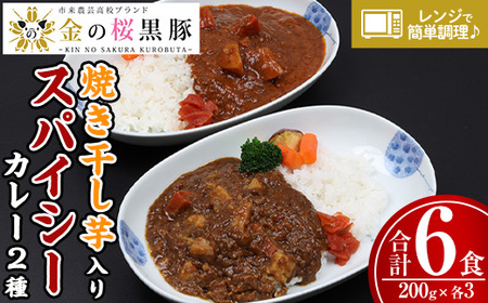 [レンジ対応可]金の桜黒豚スパイシーカレーと焼き干し芋入りカレー(200g×各3袋) 常温保存 電子レンジOK なので 時短 にもピッタリ![A-1776H]