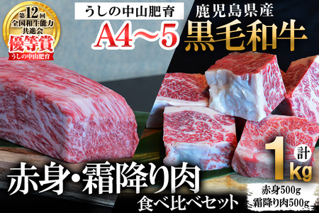 [数量限定]A4・A5等級うしの中山黒毛和牛ブロック赤身(モモorロース 500g)・霜降り肉(バラorカルビ 500g)食べ比べセット合計1kg