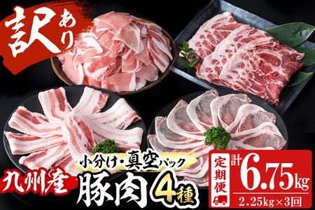 [定期便 全3回][数量限定]小分け・真空パック!九州産豚肉4種セット(計6.75kg・2.25kg×3回) 定期便 豚肉 小分け 豚 ロース バラ モモ ウデ 肩ロース 真空パック バラエティ 詰め合わせ セット 訳あり