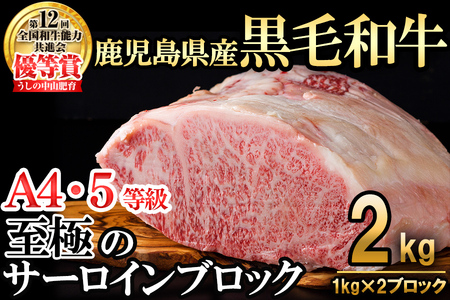 [数量限定]A4・5等級 鹿児島県産黒毛和牛うしの中山サーロインブロック(計2kg/1kg×2) 黒毛和牛 和牛 ステーキ サーロイン ブロック 肉 牛肉 国産 九州産 鹿児島県産 赤身 焼肉 日本一 ランキング 人気 A4 A5 wb0-001