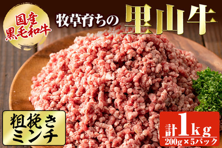 国産黒毛和牛 牧草育ちの里山牛100％使用！粗びきミンチ 計1kg(200g×5パック) 黒毛和牛 和牛 肉 牛肉 国産 ハンバーグ 100% 粗びき ミンチ 真空パック a5-279