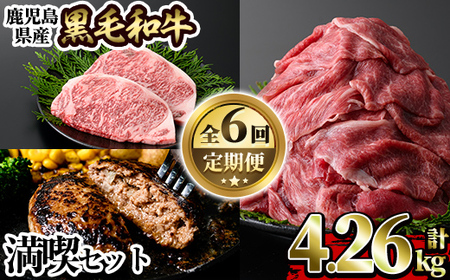 a1035 [定期便全6回]黒毛和牛満喫セット(計4.26kg)サーロインステーキ・切り落とし・カイノミ焼肉・ハンバーグ・赤身ランプステーキ・サーロインスライスの定期便[水迫畜産]国産 鹿児島産 肉 牛肉 牛 冷凍