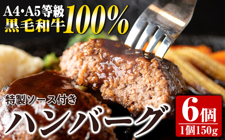 s394 A4・A5等級鹿児島県産黒毛和牛100％使用！プレミアムハンバーグ(計6個・特製デミソース付)鹿児島 国産 九州産 黒毛和牛 牛肉 ひき肉 ハンバーグ 惣菜 おかず ギフト【焼肉一福】