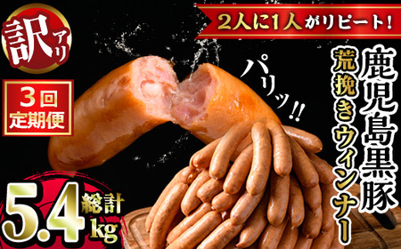 y569 [定期便・全3回][業務用・訳あり]鹿児島県産黒豚荒挽きウィンナー(総計5.4kg・900g×2P×3回) 国産 九州産 黒豚 豚肉 ウインナー ソーセージ フランクフルト 惣菜 おかず 弁当 BBQ キャンプ 冷凍 訳アリ [ナンチク]