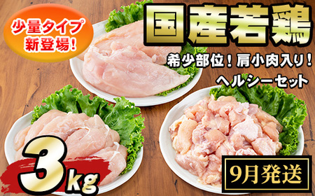 [0074805a-2509][2025年9月発送予定]国産若鶏肉ヘルシーセット(合計3kg・ムネ、ささみ、肩小肉) 鶏肉 鳥肉 とり肉 むね肉 おかず 小分け 国産 [エビス]