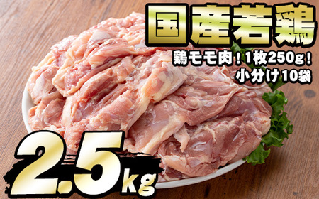 [0124804a]国産若鶏のモモ肉(計2.5kg・鶏モモ肉1枚×10P)鶏肉 鳥肉 もも肉 むね肉 おかず 小分け 国産[エビス]