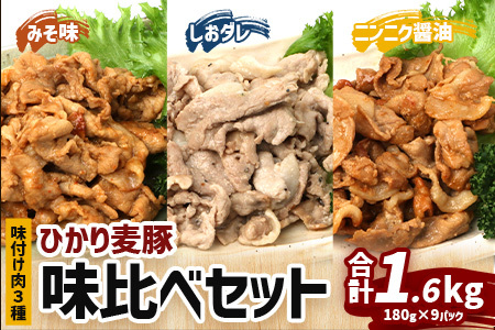 鹿児島県産 ひかり麦豚 味比べセット ≪味付け肉≫ 計1.6kg (180g×3パック)みそ 塩だれ ニンニク醤油 トレーなし 冷凍 