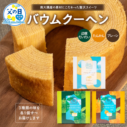 [父の日ギフトに]バウムクーヘン 3個セット ( プレーン ・ たんかん ・ 辺塚だいだい ) SH-717-FA 