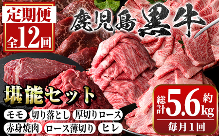 [定期便・全12回(連続)]鹿児島黒牛定期便・堪能セット(全6種・合計5.6kg) 鹿児島黒牛 モモ ロース 赤身 薄切り ヒレステーキ 切り落とし 焼肉 食べ比べ 日本一 国産 九州産 牛肉 ビーフ 冷凍 [新村畜産]