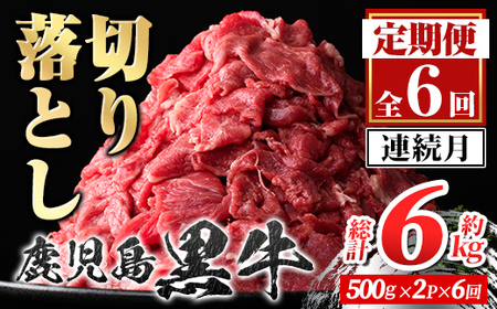 [定期便・全6回・連続月]鹿児島黒牛 切り落とし(計約6kg・約500g×2P×6回) 鹿児島 国産 九州産 鹿児島県産 黒毛和牛 国産牛 牛肉 切り落し 切落とし 切落し お肉 冷凍 小分け すきやき すき焼き 牛すき 牛丼 カレー 肉じゃが 炒め物 [新村畜産]