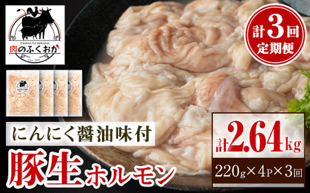 [定期便・全3回]豚生ホルモンにんにく醤油味付(計2.64kg・220g×4P×3回) 鹿児島 豚肉 ホルモン 生 にんにく 醤油 おかず 加工品 味付け おつまみ 小分け パック 冷凍 冷凍食品 お弁当[肉のふくおか]