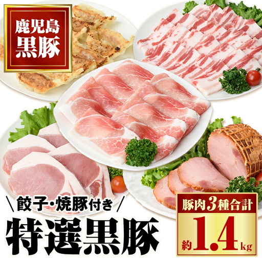 【B02092】特選黒豚バラエティセット(約1.4kg)・黒豚焼豚2個付き！バラ肉(焼肉用)、黒豚ロース(トンカツ用)、黒豚モモ、黒豚焼豚、黒豚餃子のセット 鹿児島 国産 九州産 黒豚 豚肉 お肉 焼豚 叉焼 チャーシュー 餃子 ぎょうざ ギョーザ 惣菜 ギフト 贈答【和田養豚】
