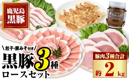 極上かごしま黒豚セット!(合計約2kg・豚肉3種・餃子・黒豚みそ) ロース 黒豚みそ 餃子 セット 鹿児島 国産 九州産 味噌豚 しゃぶしゃぶ 生姜焼き トンカツ ぶた ギョーザ ぎょうざ ギフト 贈答[和田養豚]