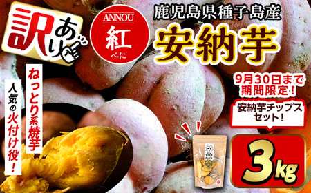 n385 [期間・数量限定セット!先行予約受付中!2025年10月中旬頃から12月中の発送予定][訳あり]種子島産 安納芋[紅](3kg)&安納芋チップス1袋セット 国産 紅 種子島 芋 イモ いも さつまいも さつま芋 安納いも 野菜 [うずえ屋]