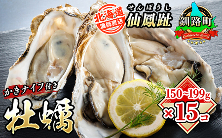 北海道 仙鳳趾名産 牡蠣 150g～199g×15コ＋かきナイフ付き 漁師直送K4-3＜センポウシ : 釧路管内 釧路町の東 厚岸湾の西 カキの名産＞ | せんぽうし 牡蠣 生食用 殻付き 生牡蠣 刺身 冷凍 セット 産地直送 ワンストップ オンライン申請 オンライン 申請【配送不可地域：離島・沖縄県・信越、北陸・東海・近畿・中国・四国・九州】【1294853】