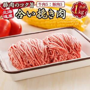 [毎月定期便]連続3回 北海道産 合い挽き肉 合計1kg(牛5:豚5)豚肉のコク旨ひき肉全3回[配送不可地域:離島]