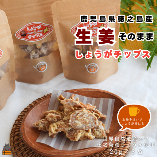 徳之島産生姜そのまま しょうがチップス(20g×3袋) ( しょうが 生姜 ショウガ 黒糖 黒砂糖 シークニン しょうが湯 生姜湯 )