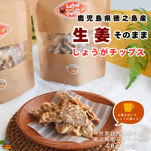 徳之島産生姜そのまま しょうがチップス（60g×2袋）　（ しょうが 生姜 ショウガ 黒糖 黒砂糖 シークニン しょうが湯 生姜湯 ）