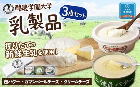 酪農学園大学 乳製品3点セット(バター・カマンベール・クリームチーズ)[詰め合わせ 缶 北海道 ] | バター