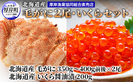 厚岸漁協イチオシ![3D冷凍]北海道産 毛がに(約350g〜400g)2尾・いくら200gセット