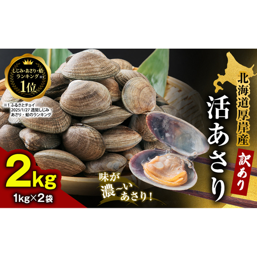 訳あり 北海道 厚岸産 砂出し済み 活あさり 1kg×2 (合計2kg) 【厚岸海産】[ アサリ 魚貝 海鮮 大粒 美味しい 栄養 旨み 砂出し 水洗い 冷蔵 便利 ]
